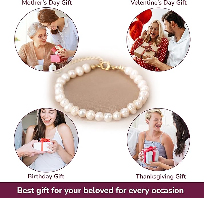 Crystal Vibe White Freshwater Pearl Bracelets for Women - Pearl Bracelet with Adjustable Golden Clasp - Gifts for Women - Gifts for Birthdays Anniversary Freindship