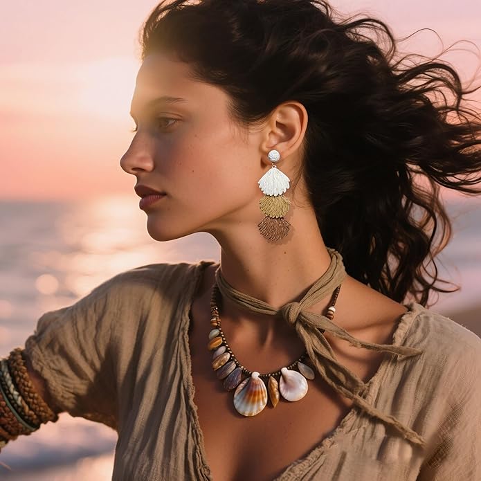 Raffia Dangle Earrings for Women - Boho Statement Rattan Drop Jewelry with Shell Design, Lightweight Summer Beach Trendy Accessories