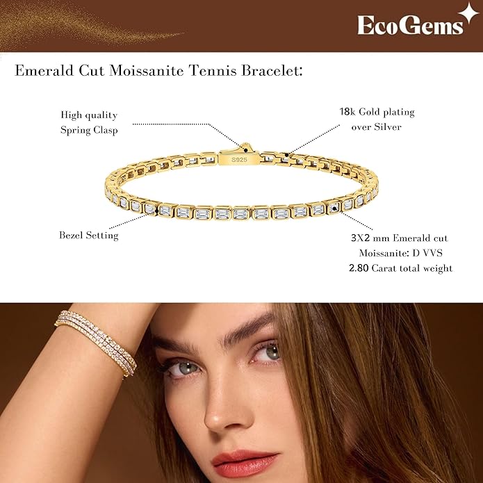 EcoGems Moissanite Tennis Bracelet for Women and Men – 18K White or Yellow Gold Plated Sterling Silver – Lab Grown D Color VVS Clarity Stones – Elegant Gift Box Included