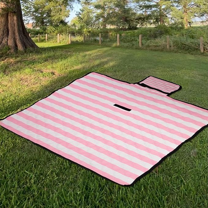 Waterproof Picnic Blankets,79''x79'' Extra Large Foldable Sandproof Beach Blanket,Portable 3-Layer Polyester Outdoor Picnic Blanket for Grass Lawn,Beach,Family Camping,Park,Travel-Pink Stripe