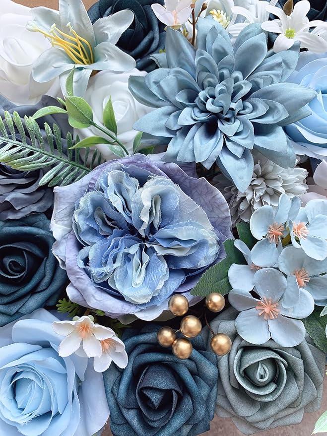Roses Artificial Flowers Blue Fake Flower Bulk for DIY Wedding Bouquet Bridal Baby Shower Centerpiece Table Decorations Silk Faux Floral Arrangements for Party Home Decor Cake Decorating
