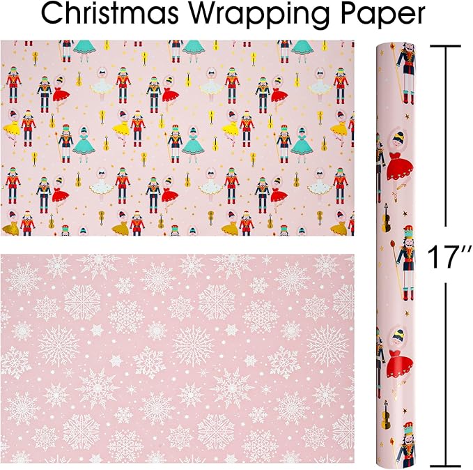 MAYPLUSS Pink Christmas Wrapping Paper Roll - 17IN X 33FT - Christmas Nutcracker Gift Wrapping Paper Featuring Ballet Guitar Gold Star Reversible Snowflake for Kids, Holiday, New Year