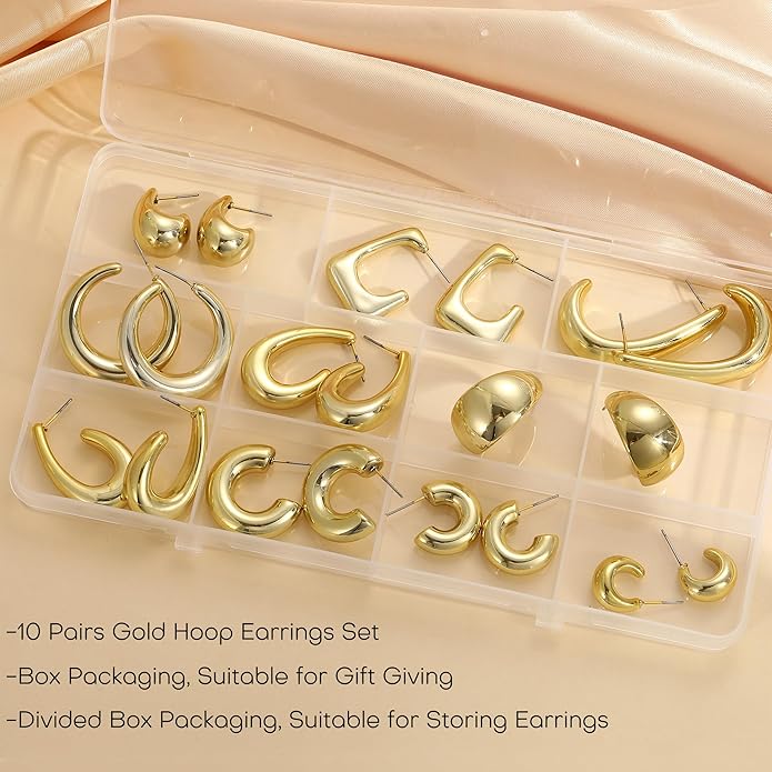 10 Pairs Chunky Gold Earrings for Women, Hypoallergenic Statement Hoops Earring for Multipack, Trendy Gold Chunky Hoop Earrings Jewelry for Gift