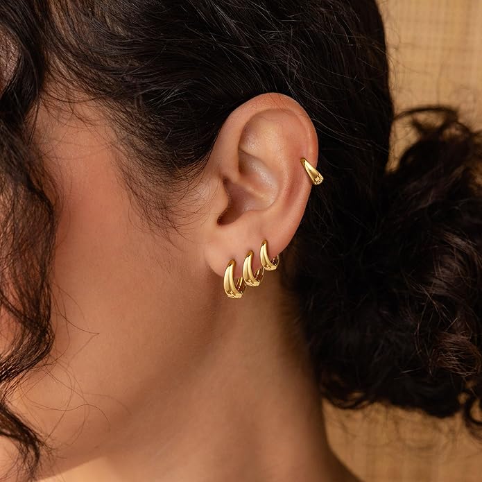 Foxgirl 4 Pairs Small Chunky Huggie Hoop Earrings for Women - Dainty 14K Gold Plated Hypoallergenic Lightweight Stack Earring Sets for Multiple Piercing Trendy Jewelry