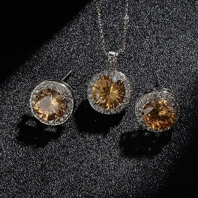 Bridal Crystal Jewelry Set - Sterling Silver Round Cubic Zirconia CZ Rhinestone Halo Birthstone Pendant Necklace Stud Earrings Set for Wedding Bride Bridesmaids Birthday Gift