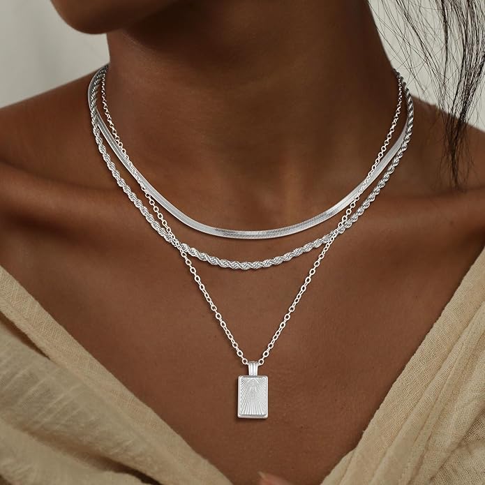 Evabelle Gold Layered Necklace for Women Trendy Jewelry 14K Real Gold Plated Chunky Chain Stackable Necklaces Dainty Choker Necklaces Rectangle Square Pendant