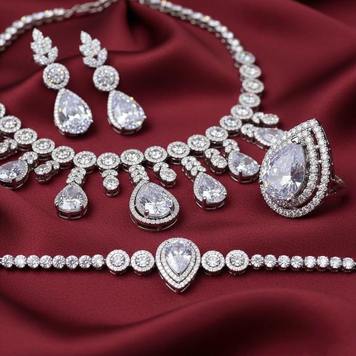 Rhinestone Wedding Bridal Jewelry Set Women's Prom Style Emerald Teardrop Necklace, Earrings, Bracelet, Ring Wedding Bridesmaid Gift Pairs With Evening Gowns