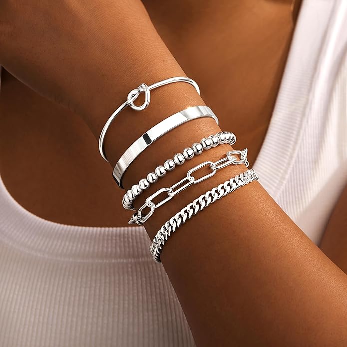 Gold Bracelets Set for Women Non Tarnish, 14K Gold Plated Sterling Silver Chunky Cuff Bracelet Stackable Gold Bangles Bracelet for Women Trendy Fashion Accessories Tie Knot Cuban Rope Paperclip Beaded Bracelet Stack Jewelry Valentines Day Gifts