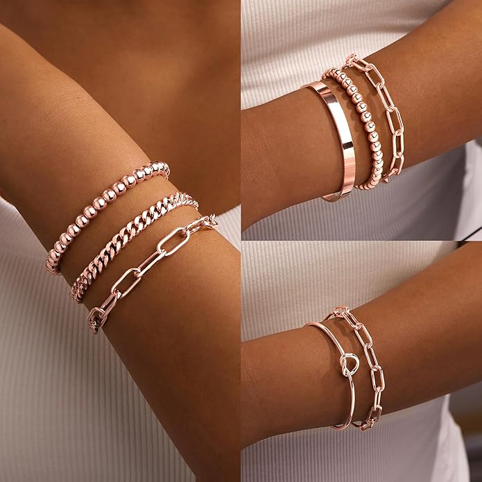 Gold Bracelets Set for Women Non Tarnish, 14K Gold Plated Sterling Silver Chunky Cuff Bracelet Stackable Gold Bangles Bracelet for Women Trendy Fashion Accessories Tie Knot Cuban Rope Paperclip Beaded Bracelet Stack Jewelry Valentines Day Gifts