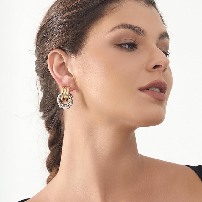 Circle Knot Link Earrings for Women, Silver and Yellow Drop Dangle Geometric Knot Studs, Women's Jewelry L Size