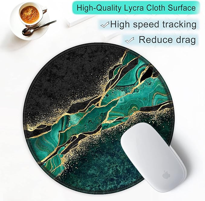 ITNRSIIET Round Mouse Pad with Stitched Edge Premium-Textured Waterproof Non-Slip Rubber Base Desktop Protection Mat Diameter 8.7 inches, Green Marble Gold