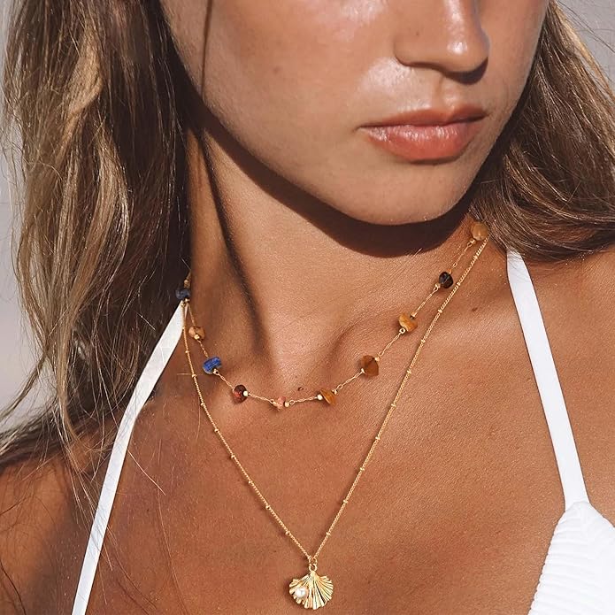 Created Turquoise Necklace for Women 14K Gold Plated Beaded Heart Choker Boho Necklaces Handmade Beach Summer Everyday Western Jewelry Gifts