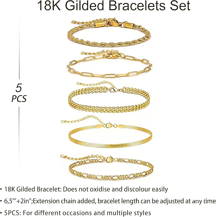 18K Gold Plated Bracelet Sets for Women Waterproof - Trendy Thin Dainty Stackable Cuban Link Paperclip Snake Twisted Chain Fashion Jewelry Accessories Gifts for Women