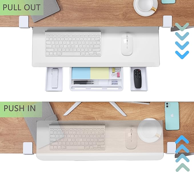 ETHU Keyboard Tray Under Desk, Pull Out Keyboard & Mouse Tray with C-clamp, Ergonomic Desk Keyboard Tray Slide Out, Pull Out Platform Drawer for Home and Office(White)