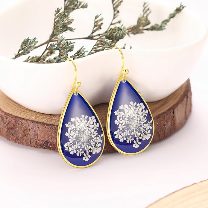 Forget-Me-Not and Queen Anne's Lace Pressed Wildflower Earrings | Pressed Flower Earrings | Handmade Drop and Dangle Earrings | Gift for Woman