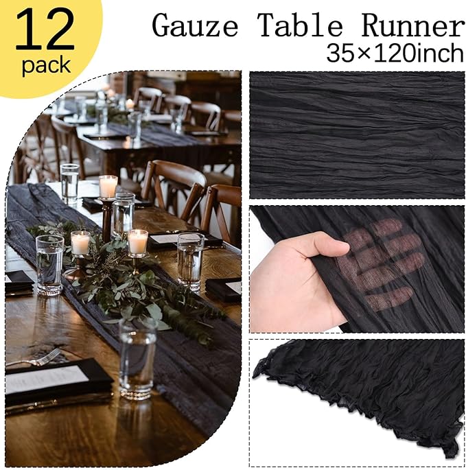 12 Pack Black Table Runner Cheesecloth 10FT Boho Gauze Fabric Table Runner 35 x 120 Inch Rustic Sheer for Centerpiece Wedding Decor Baby Shower Party Boho Decoration(Black)