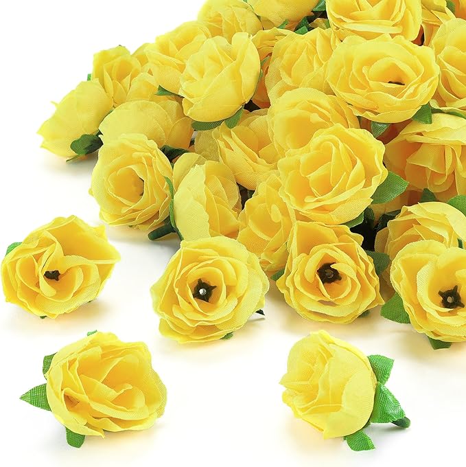 100pcs Yellow Roses Artificial Flowers,Artificial Yellow Roses Bulk,Yellow Silk Rose for Decations,Fake Yellow Rose for Wall DIY Party Decoration (1.3 Inch)