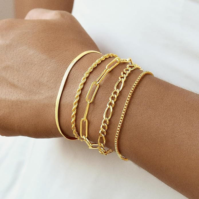Gold Bracelets for Women, 14K Gold Plated Stackable Bracelet Stack Set Adjustable Charm Paperclip Chain Snake Link Layered Waterproof Jewelry Sets Gifts