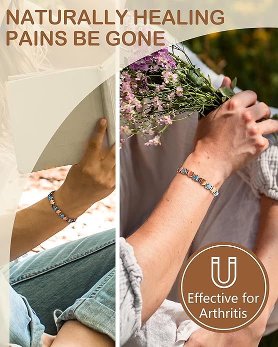 Feraco Pure Copper Bracelets for Women, Ultra Strength Magnetic Bracelet with 3800 Gauss Magnets & Natural Turquoise & Stones, Adjustable, Jewelry Gift