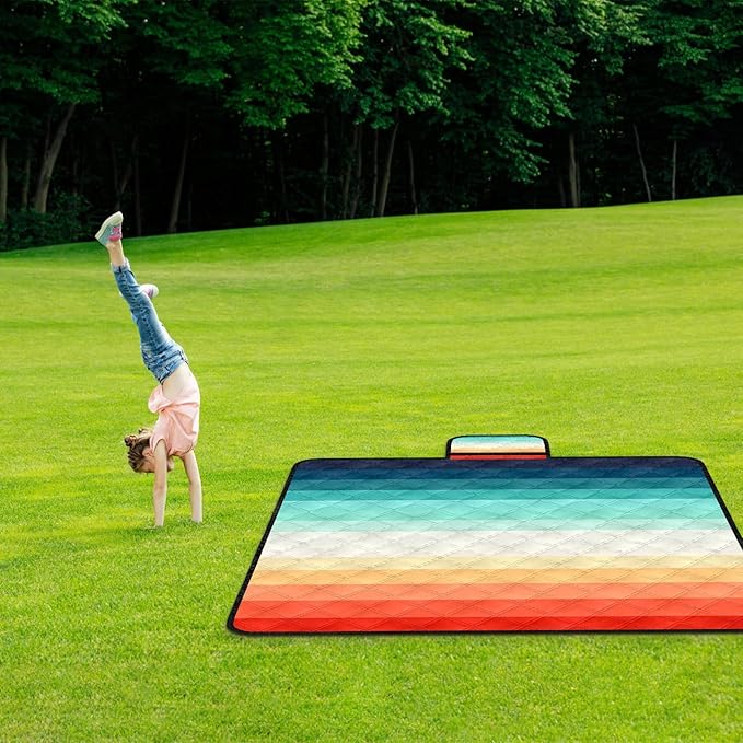 Waterproof Picnic Blankets,79''x79'' Extra Large Foldable Sandproof Beach Blanket,Portable 3-Layer Polyester Outdoor Picnic Blanket for Grass Lawn,Beach,Family Camping,Park,Travel-Rainbow Stripe