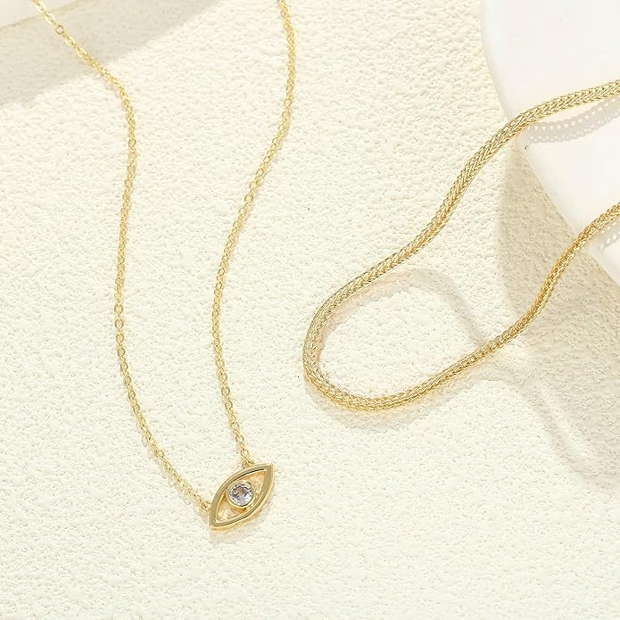 Evil Eye Necklace for Women 14K Gold Plated Delicate Necklaces Blue White CZ Diamond Pendant Necklace Cute Boho Tiny Evil Eye Lucky Protection Jewelry Gift for Women
