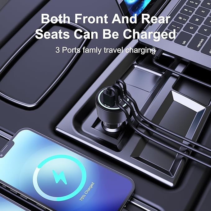 205W USB C Car Charger, 3-Ports PD3.1/PPS/QC3.0 Fast Charging Type C Cigarette Lighter Adapter for MacBook Pro Laptop, iPhone 16/15/14/13/12, Galaxy S24/S23 Ultra etc