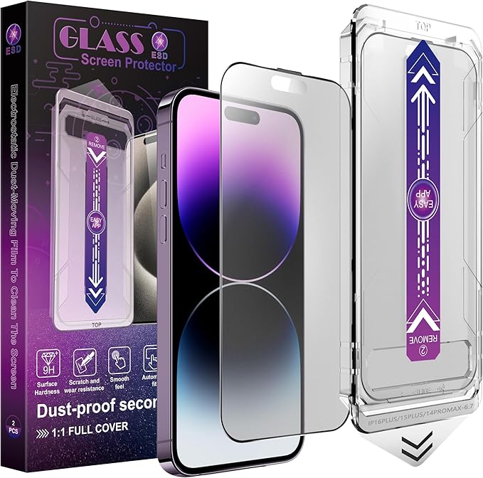 2 Pack Matte Screen Protector for iPhone 14 Pro Max/iPhone 15 Plus/iPhone 16 Plus, 9H Tempered Glass, Full Coverage, Anti-Fingerprint, Auto Dust-Elimination, No Bubble, Easy Installation