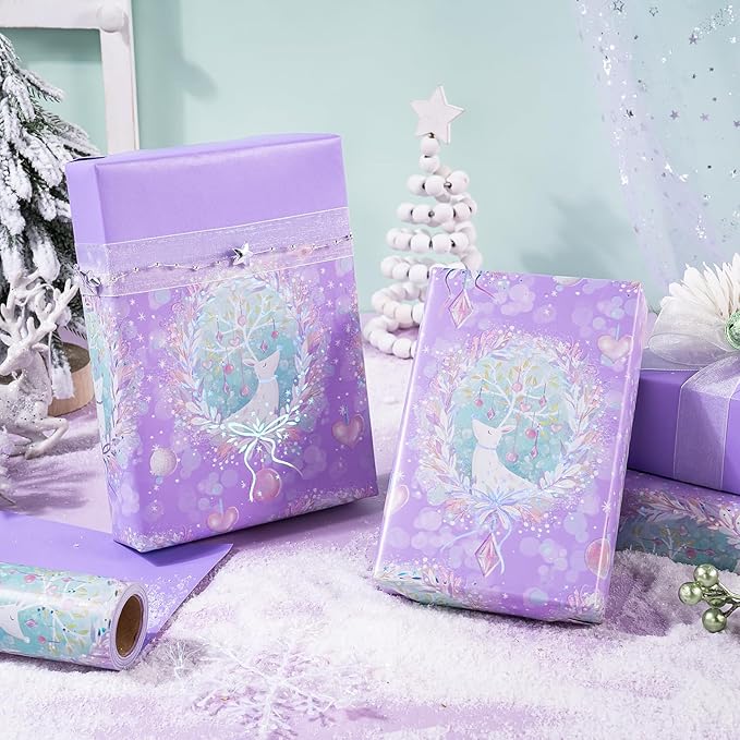 WRAPAHOLIC Reversible Purple Christmas Wrapping Paper - Mini Roll - 17 Inch x 33 Feet - Purple Reindeer and Christmas Garland with with Metallic Foil Shine for Holiday, Party Celebration