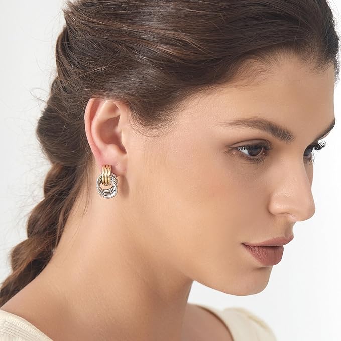 Knot Link Earrings, Chunky Circle Drop Dangle Studs Two Tones Mix-colred Earrings
