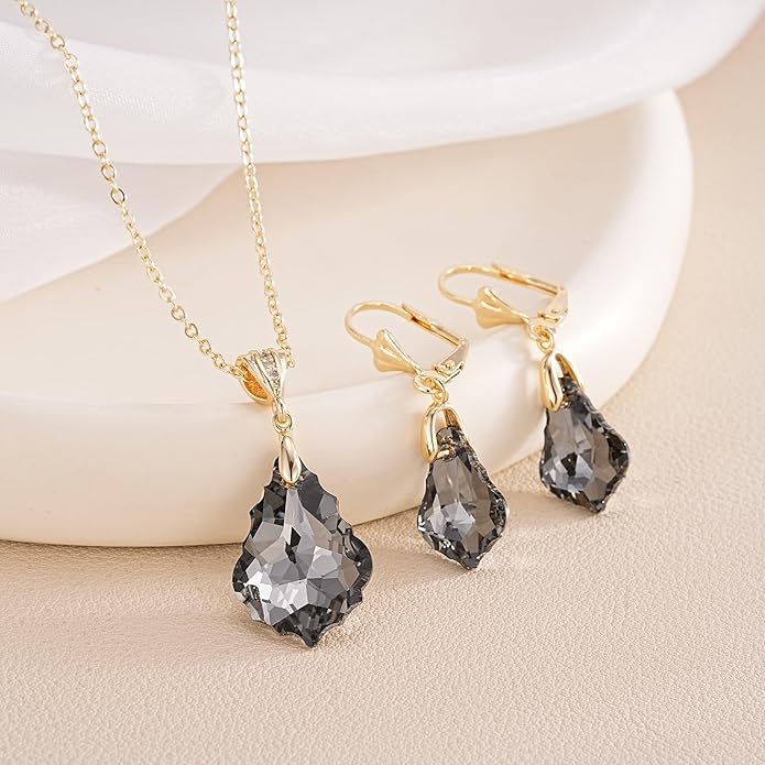 EVEVIC Austrian Crystals Baroque Pendant Necklace Earrings for Women 14K Gold Plated Hypoallergenic Leverback Drop Dangle Earrings Jewelry Set