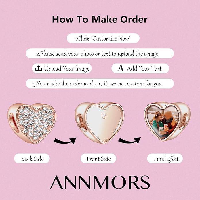 Annmors Personalized Photo Charm for Bracelet Necklaces,925 Sterling Silver Charm Love Heart Shaped Engraved Customize Picture Gift for Birthday Mother's Day Christmas,Bead Charms Jewelry for Women