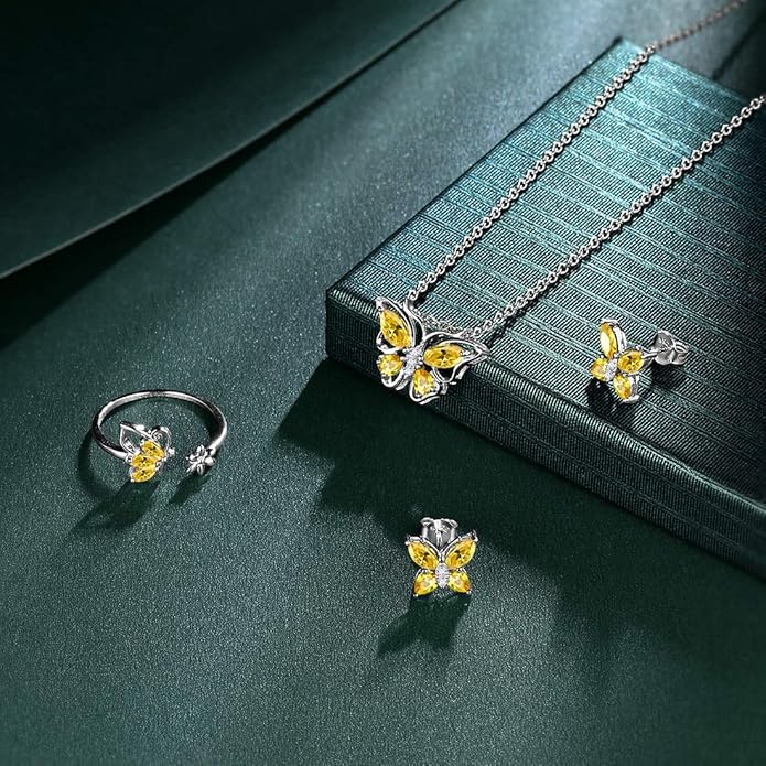 925 Sterling Silver Birthstone Butterfly Jewelry Women Crystal Animal Cute Butterflies Birthday Necklace/Earring/Ring/Bracelet Sets Birth Stone Statement Anniversary Jewellery