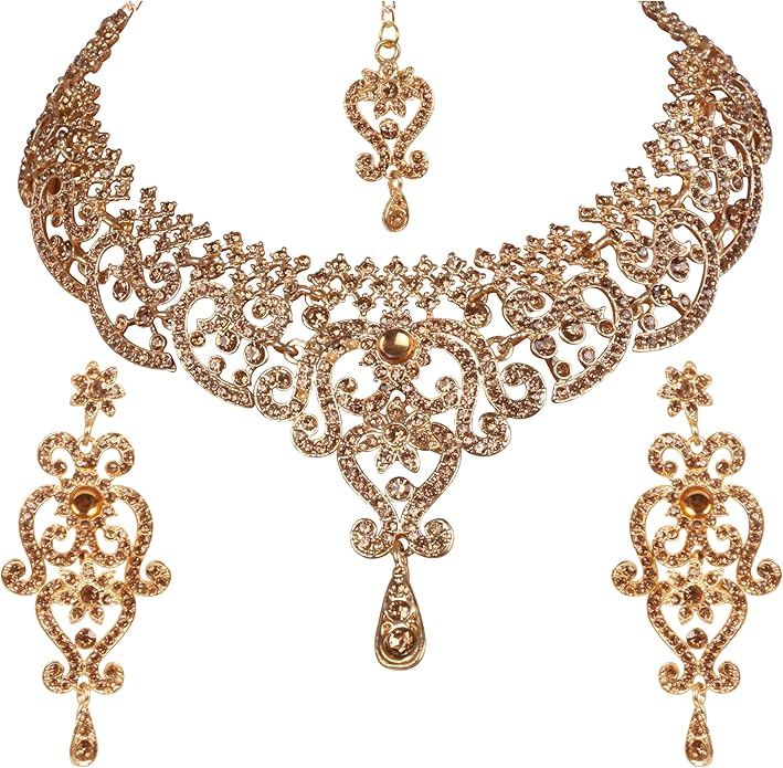 Touchstone Indian jewelry set for women bollywood gold jewellery wedding outfits necklace sets earrings bridal maang tikka fancy costume girls big desi accessories rhinestone in gold or silver tone
