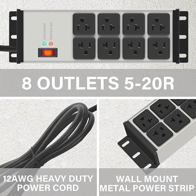 CCCEI Heavy Duty Power Strip Surge Protector 20 AMP, 8 Outlets 12 Gauge Industrial Shop Garage Metal Multiple Outlets, 10 FT Extension Cord 5-15P Adapter High Amp 6-20R T-Slot 20a for Appliance