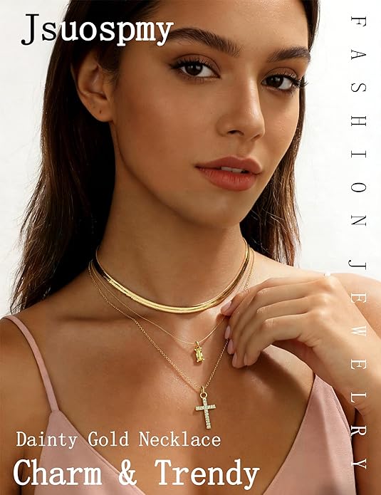3Pcs Gold Layered Necklaces for Women, 14K Gold Plated Cross Necklace, Dainty Birthstone Necklace for Women, Herringbone Gold Necklaces Set, Stackable Women's Gold Pendant Necklaces Jewelry Set