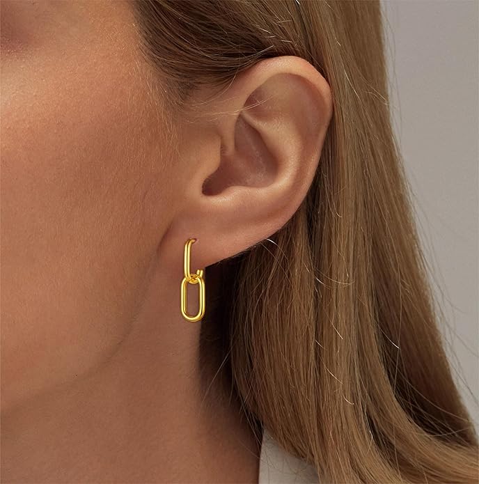 Gold Earrings for Women Trendy, Simple Dainty 14K Gold Plated Paperclip Square Chain Link Dangle Hoops Earrings Pin Stud Huggie Earrings Lightweight Hypoallergenic Minimalist Aesthetic Gold Jewelry for Christmas Gifts
