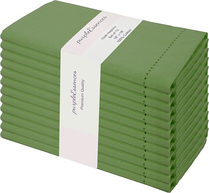 PurpleEssences Set of 12 Hemstitch Cloth Dinner Napkins 100% Cotton - Soft Durable Washable - Ideal for Wedding Christmas Holiday Winter - Perfect Everyday Use Table Linen 18x18 - Sage Green