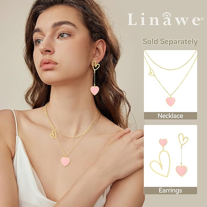 Linawe Layered Choker Heart Pendant Necklace for Women Trendy, Gold/Silver/Rose Gold Chain Stainless Steel Stacked Necklaces, Double Heart Necklace Y2K Preppy Jewelry