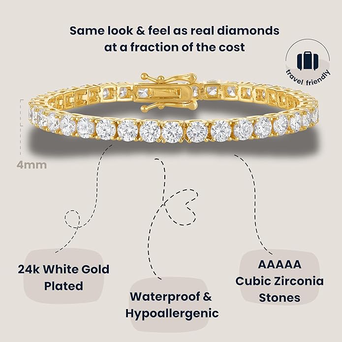 KISPER Tennis Bracelet for Women - 24K White Gold or Gold Plated Round Cut AAAAA CZ, 3mm/4mm Width, Elegant Jewelry Gift, 6.5/7/7.5 Inch