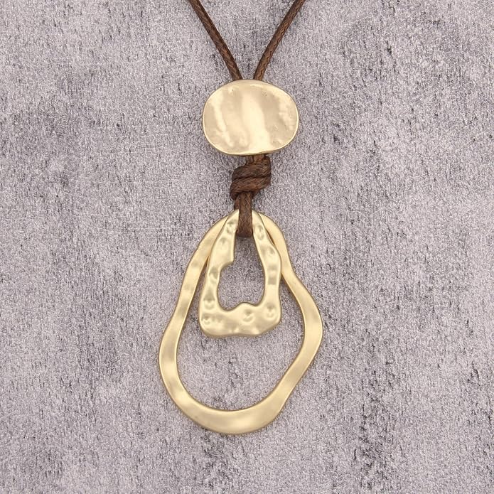 Boho Leather Necklace Women Bohemian Brown Circle Pendant Necklace Choker Long Necklaces for Women Boho Ring Large Pendant
