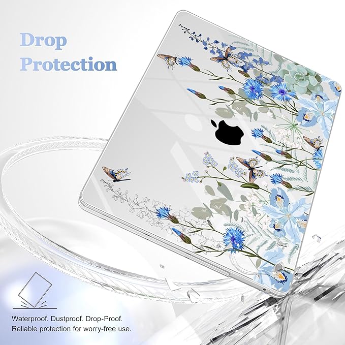May Chen Compatible with MacBook Pro 13 inch Case with Touch Bar 2022 2021 2020 Release A2338 M1/M2 A2251 A2289, Plastic Hard Shell Case with Keyboard Cover + Dust Plug, Blue Flowers Leaves