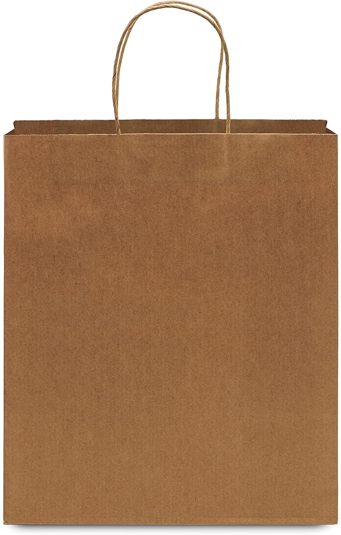 Prime Line Packaging Brown Paper Bags, Medium Shopping Bags with Handles for Small Business, To Go Food, Grocery, Retail, Party Favors, 10x6.75x12, 100 Pack