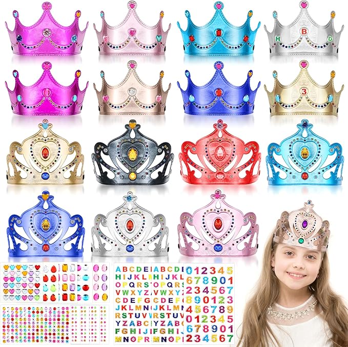 ZYNERY 29 Pcs Foam Crowns Set for Kids Princess Crowns Tiaras King Crown DIY Crafts with Gem Stickers Bulk 4-14mm Rhinestones,Birthday Party Role Play