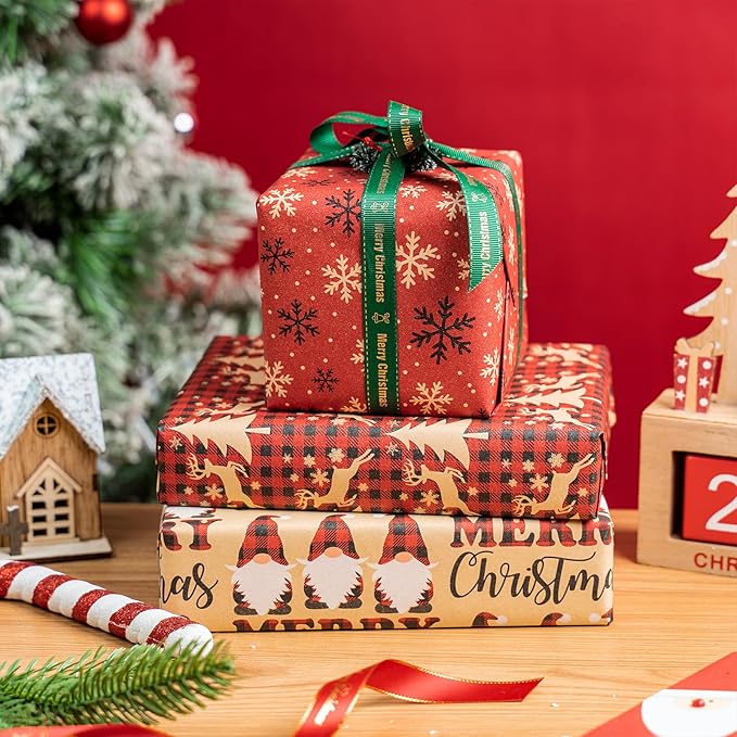 RUSPEPA Christmas Wrapping Paper Rolls - 17 inches x 10 feet per Roll, Total of 3 Rolls - Santa Claus, Reindeer and Snowflake