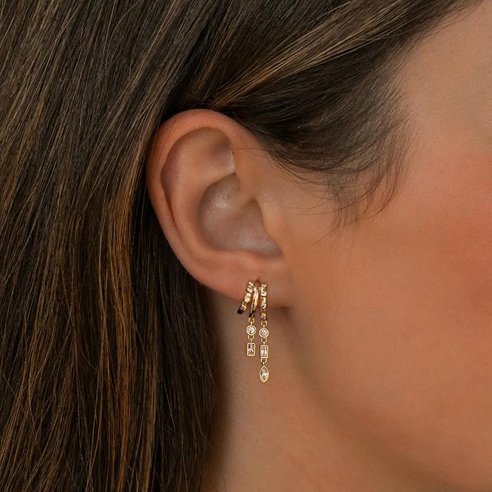 Dangle Earrings For Women,Dainty 14K Gold Plated Hypoallergenic Small Triple Huggie Hoop Earring Gothic Cute Cross Moon Star Drop Earrings For Women Trendy Gold Statement Stud Earring Jewelry