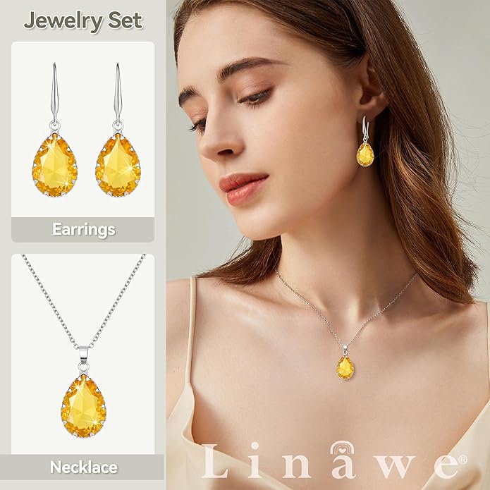 Linawe Crystal Jewelry Sets for Women, Imitation Diamond Pendant Necklace, Rhinestone Drop Dangle Earrings, Birthstone Cubic Zirconia Matching Wedding Jewelry, 14K Gold/Rose Gold/Silver Tones
