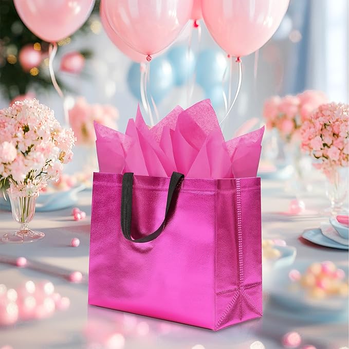 KeerxunBag 12Pcs Reusable Gift Bags（Includes Tissue Paper） Gift bag with handle Birthdays Parties Holidays Weddings Medium 13x5x11in Magenta gift Bags