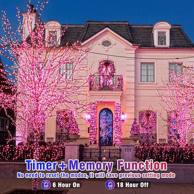 100ft Pink Christmas Lights Outdoor 300 LED Pink String Lights 8 Modes Clear Wire, Plug in Waterproof Twinkle Fairy Lights for Bedroom Indoor Wedding Christmas Party Decorations