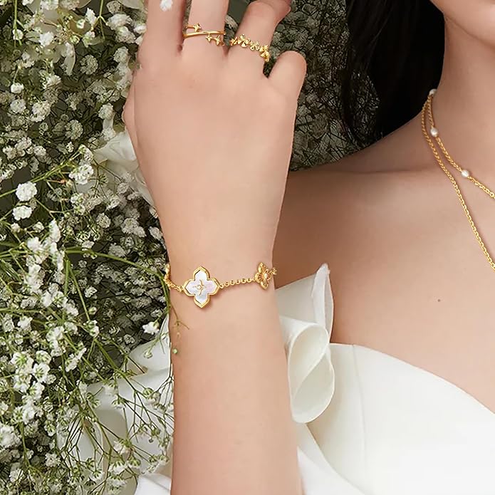 FETERO Gold Bracelets for Women Trendy, Dainty 14K Gold Plated Charm Clover Bracelet 2 Sided Lucky Pendant Cute Pearl Beaded Bracelets Link Chain Waterproof Womens Jewelry Gifts