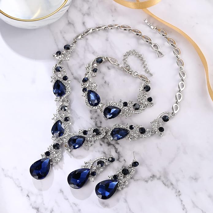 BriLove Wedding Bridal Jewelry for Women Multi Teardrop Cluster Crystal Statement Necklace Dangle Earrings Link Bracelet Set